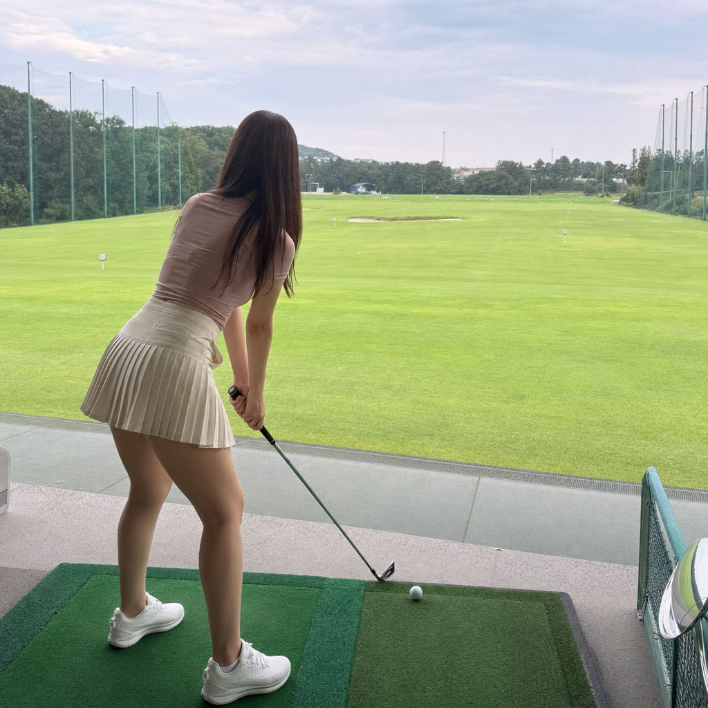 ターゲットラインに対してスクエアに構え、開けたレンジへ正対したアドレスを確認する、ピンクのゴルフポロを着た女性のダウンザライン写真