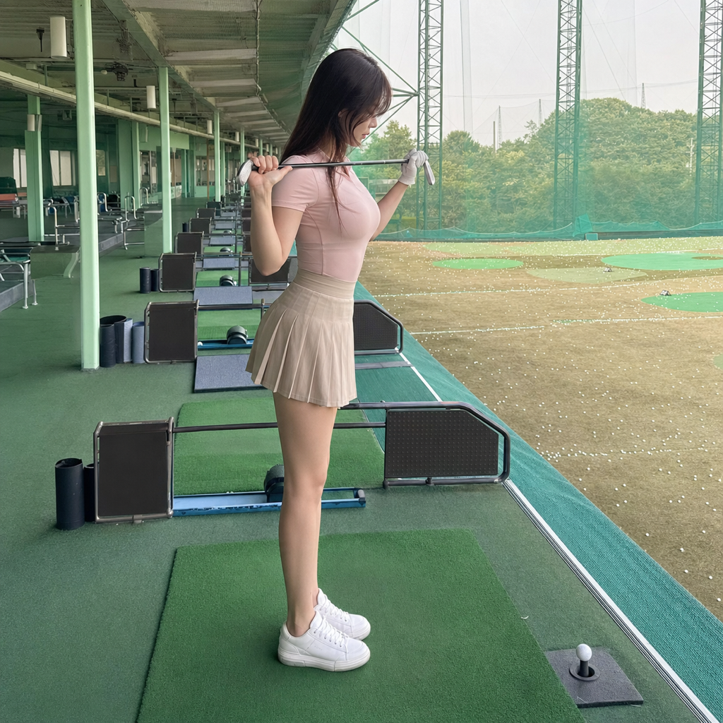 クラブを肩に当ててターゲットラインと平行に肩ラインをそろえる中立化チェックをする、ピンクのゴルフポロを着た女性のダウンザライン写真