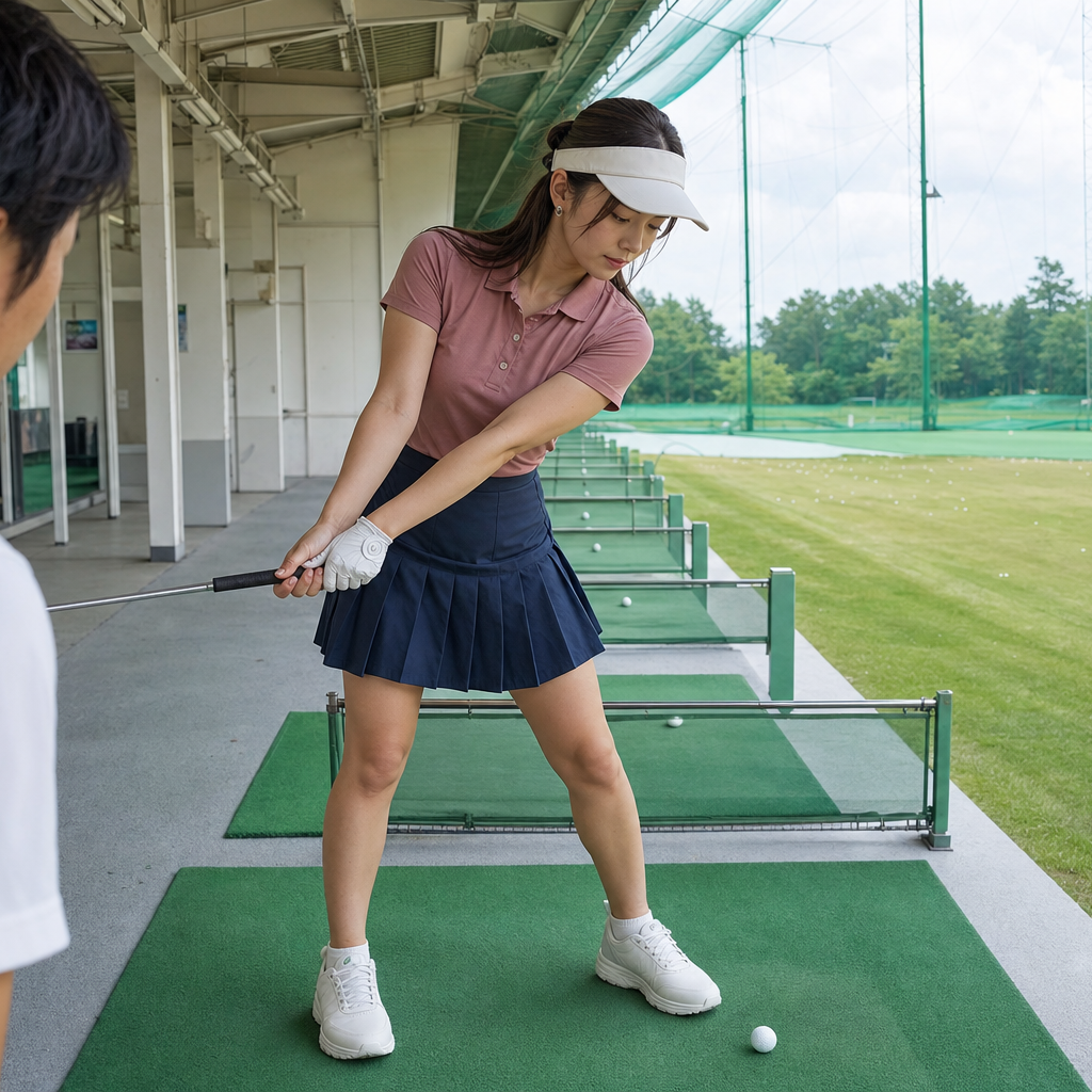 胸の回転と腕の連動を保ったハーフバックスイングのトップを見せるゴルファー女性