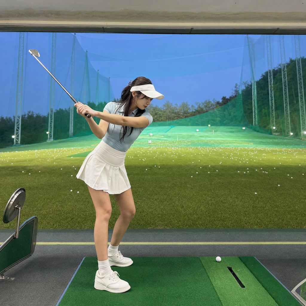バランスの取れたハーフフィニッシュで体を目標へ向けるゴルファー女性