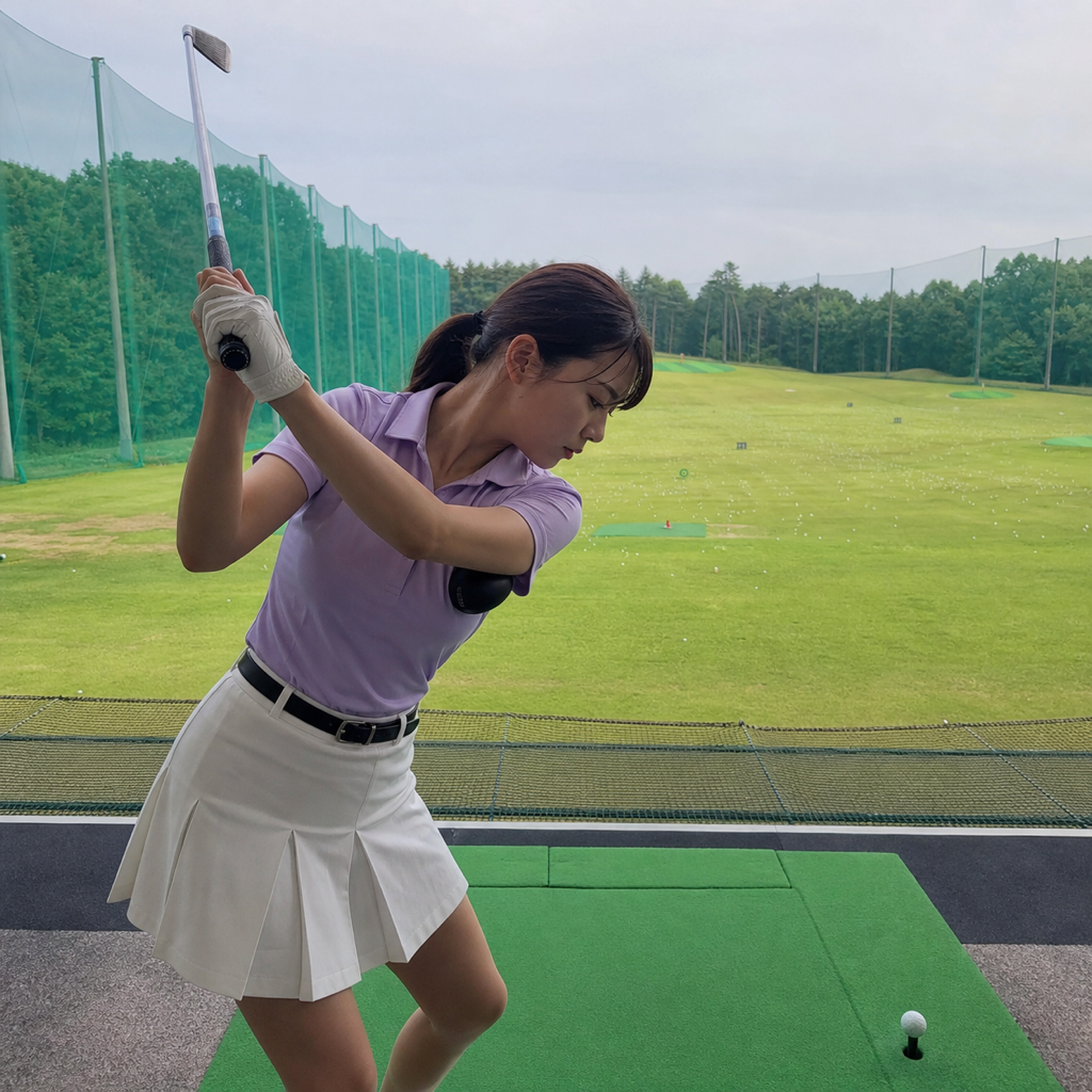 インパクトでも左脇のヘッドカバーをキープする女性ゴルファー
