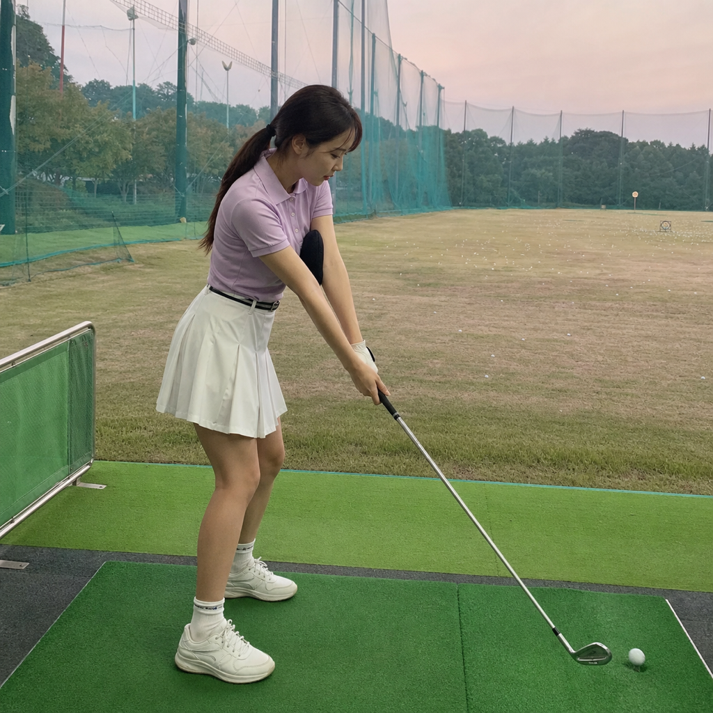 フォロースルーで腕を伸ばしチキンウィングを防ぐ女性ゴルファー