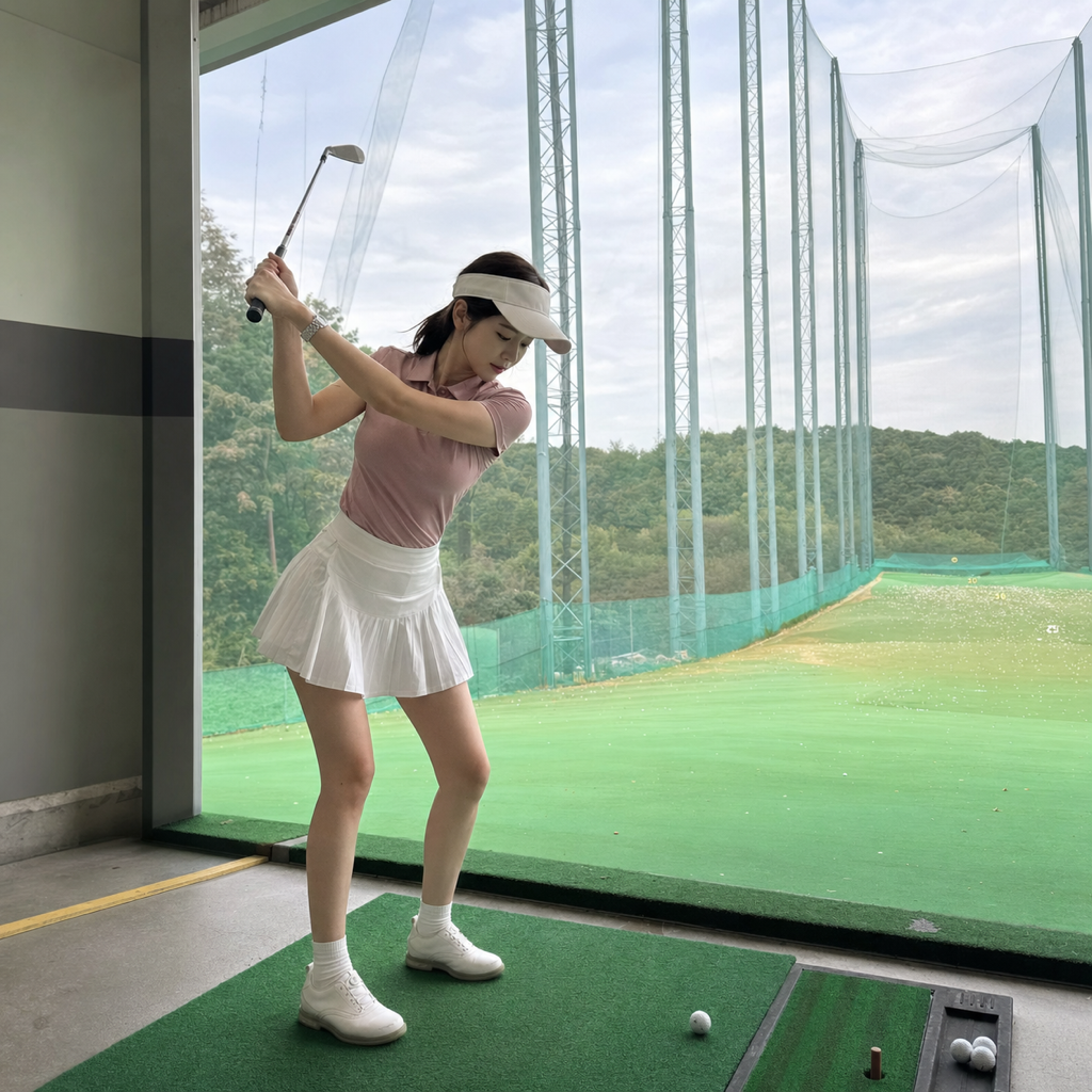 ショット後にヘッドカバーを手にフォームを確認する女性ゴルファー