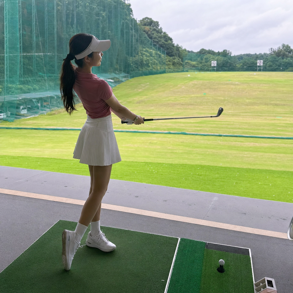 低く抑えたフィニッシュでボールの行方を見る女性ゴルファー