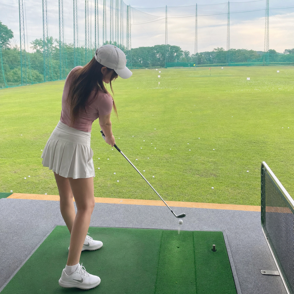 インパクトで手元が先行する若い女性ゴルファー、屋外ドライビングレンジ