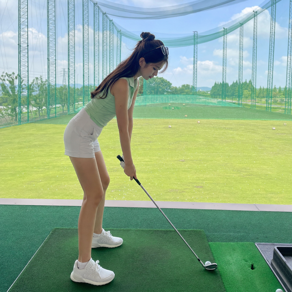 安定した前傾姿勢でアドレスを取るゴルファー女性