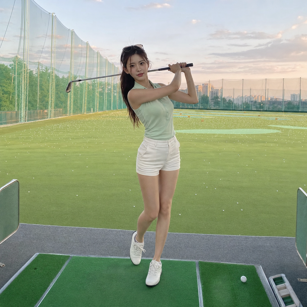 体を目標へ完全に回し切ったバランスの良いフィニッシュのゴルファー女性