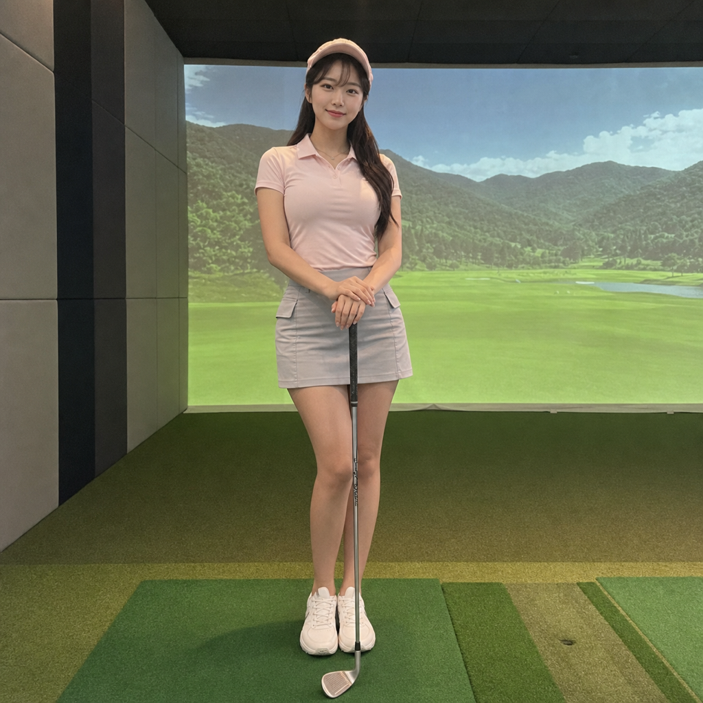 屋内のゴルフ練習場でゴルフクラブを体の横に縦に持って立つ女性ゴルファー