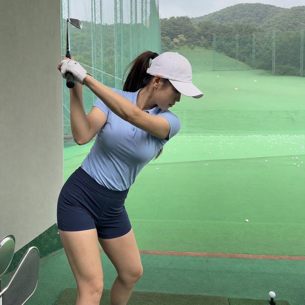 前腕の回旋とグリップを確認する韓国人女性ゴルファーの寄りカット（前腕・体・クラブの同調）
