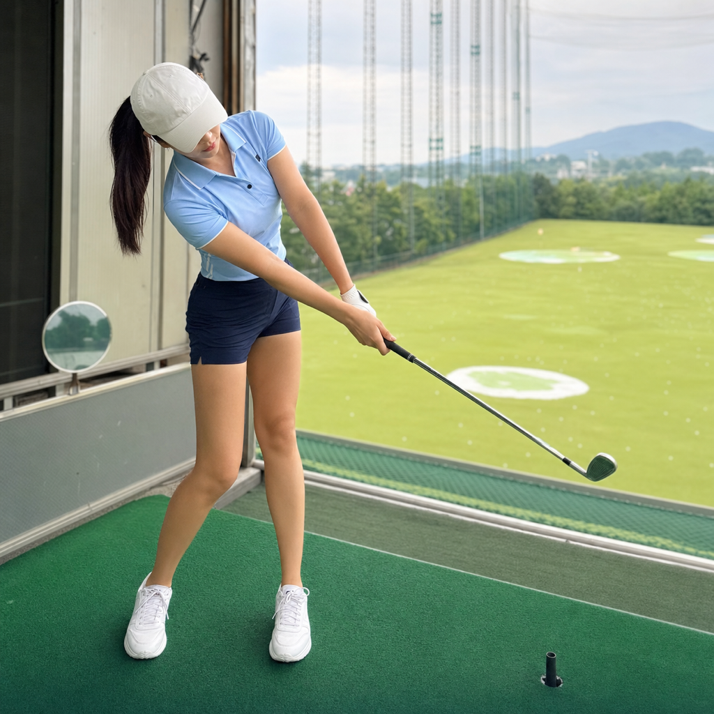 リリースでフェースが返る瞬間を捉えた韓国人女性ゴルファー（フェース戻りの原理）