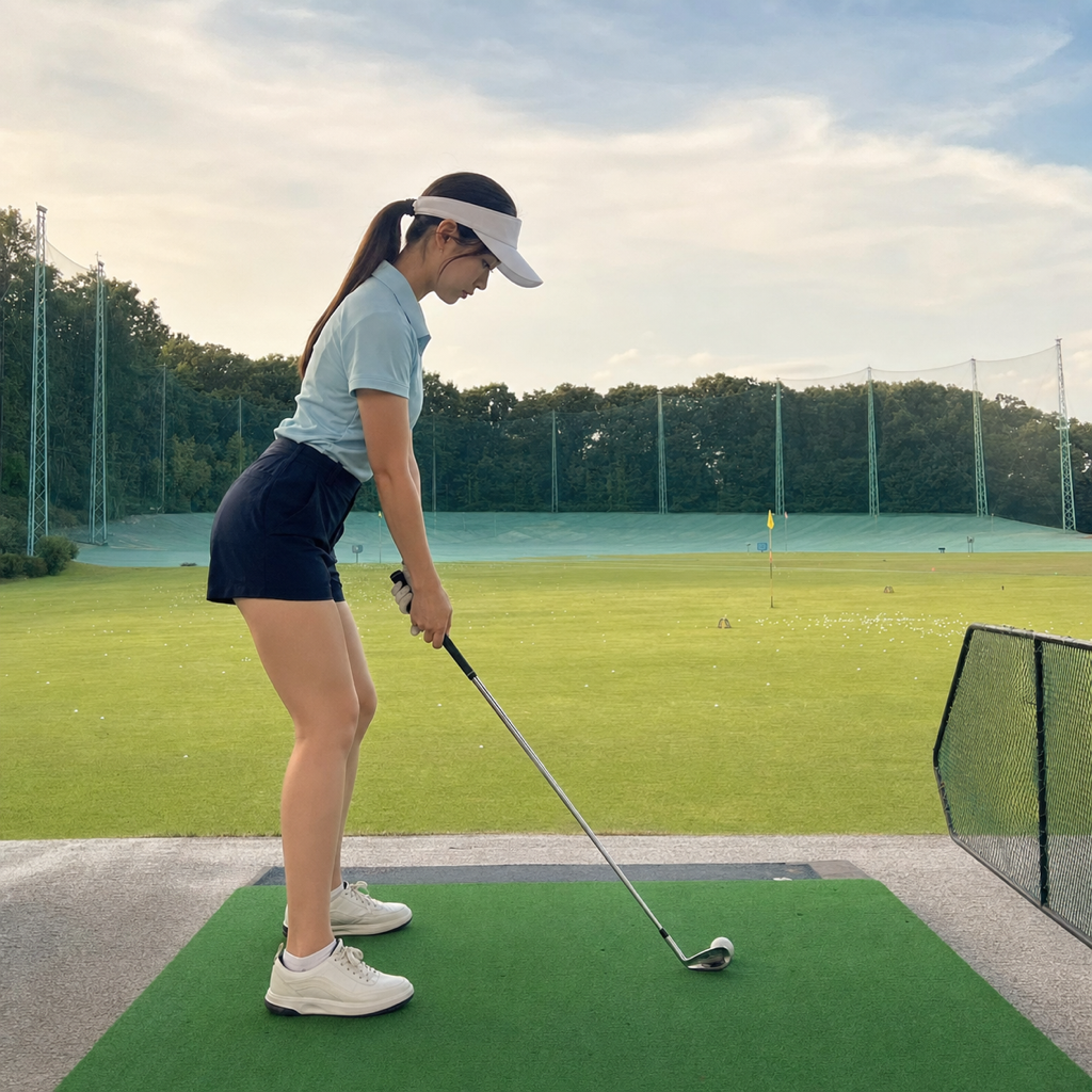 アドレスでアライメントを確認する女性ゴルファー