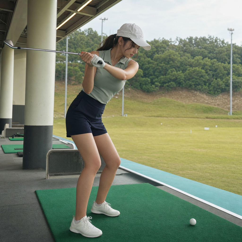 テークバックでも前傾を保つ女性ゴルファーの側面（ハーフウェイバック）