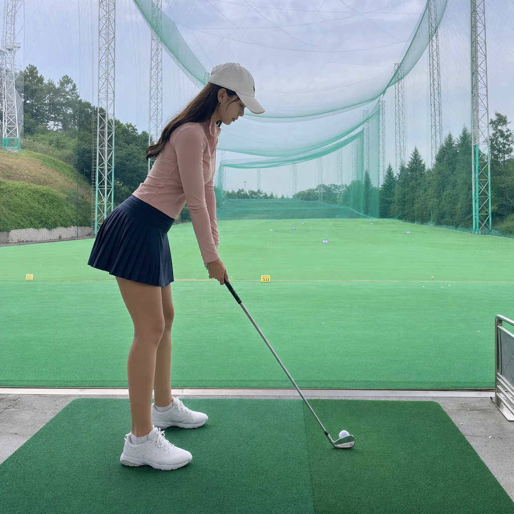 アドレスの構えを比較する同一ゴルファーの2体。左は猫背で迷ったNGの構え、右は背筋が伸びた自信ある正しい構え。