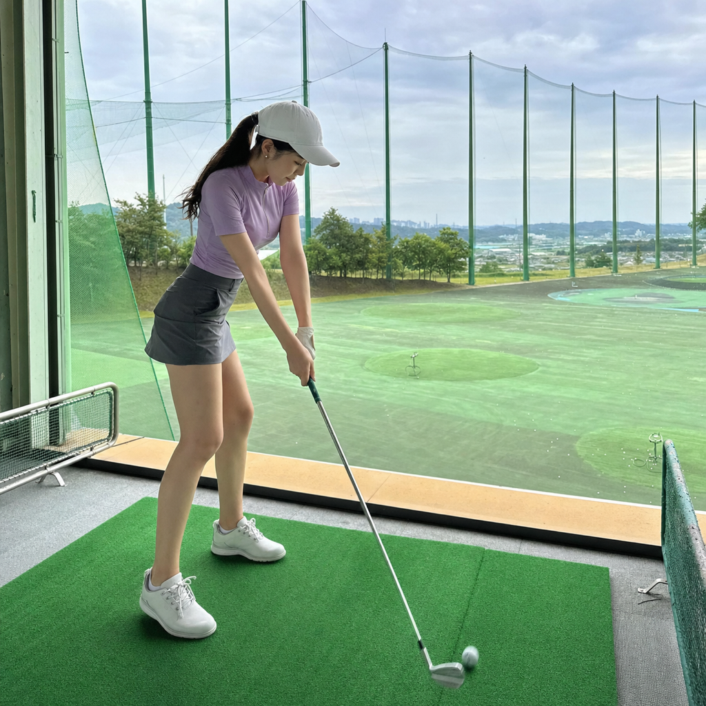 ハンドファーストのインパクトを迎えるゴルファー女性