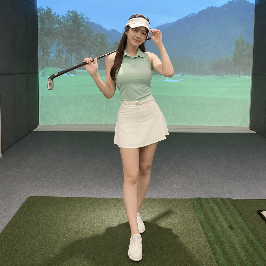 屋内のゴルフ練習場でゴルフクラブを肩に掛けて立つ女性ゴルファー