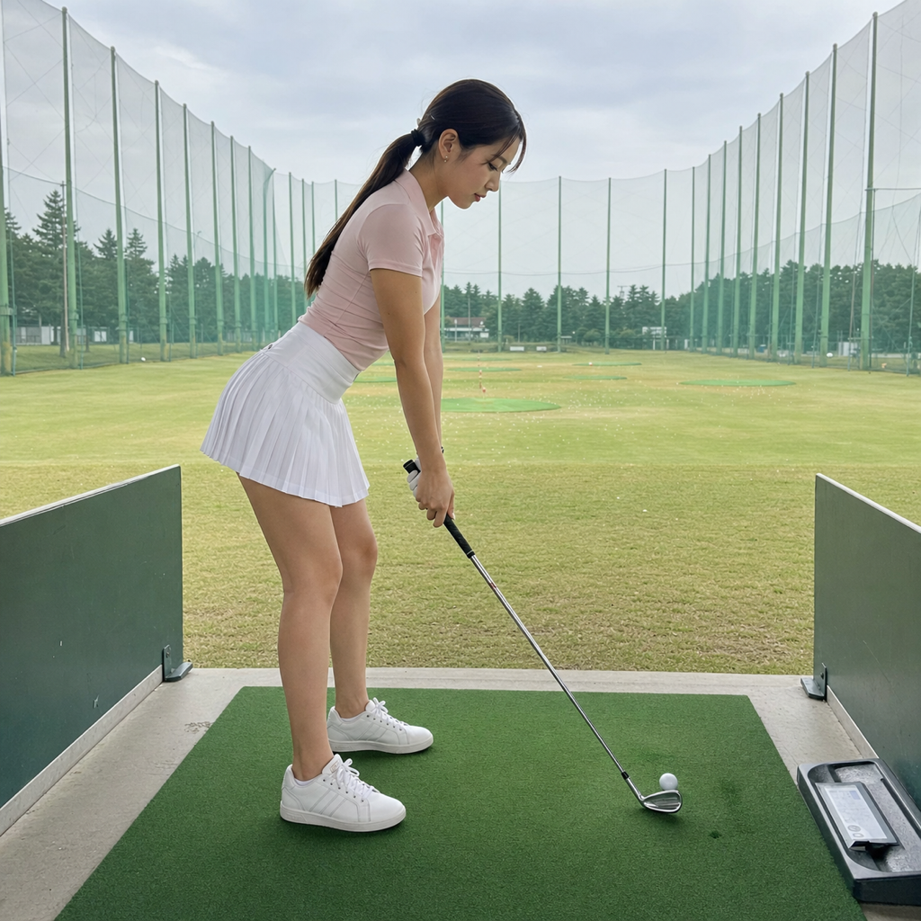 首の付け根から背筋へと伸びる軸を保ち、静かに目を伏せて中心を感じる女性ゴルファーの横顔。落ち着いた正しい型を象徴