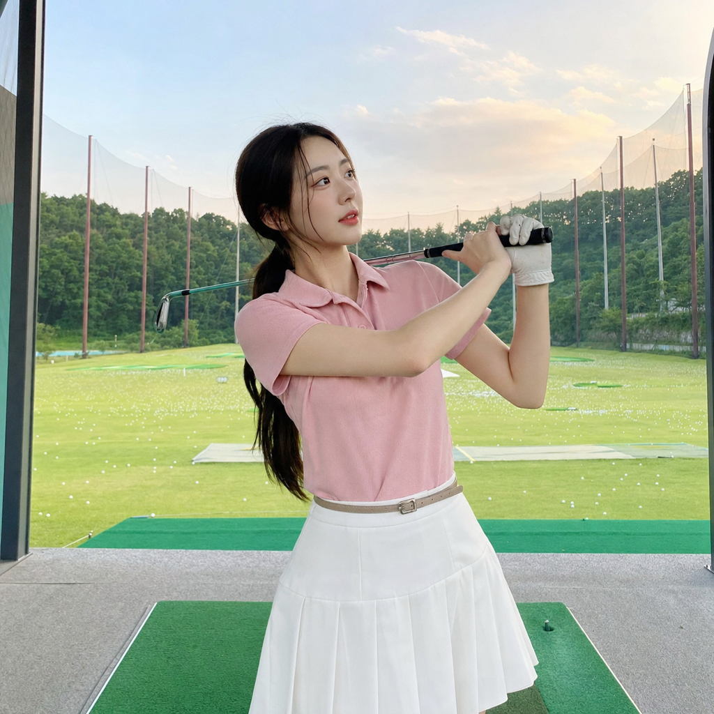 広々とした明るいドライビングレンジで、差し込む光の方を前向きに見つめる女性ゴルファーの環境ポートレート。次の練習への新たな一歩を象徴