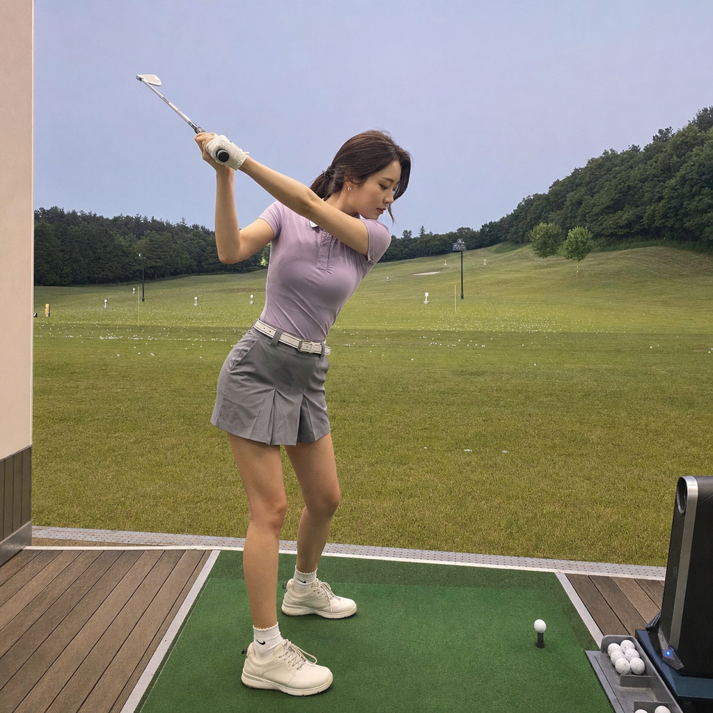 朝日が昇り始めたリンクスコース、力強く湾曲して立ち上がるフェアウェイと風に揺れる長草、晴れていく朝霧が動感を生む風景