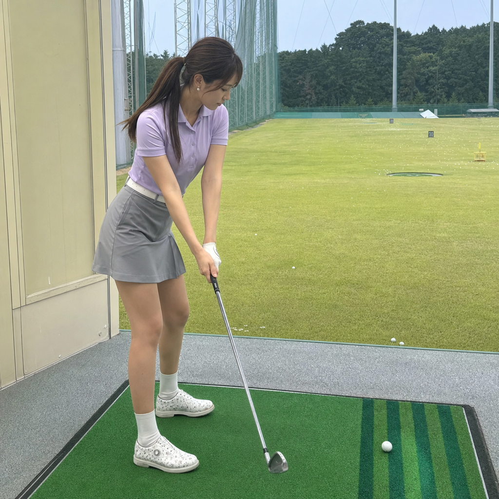 鋭い朝光に照らされたリンクスコースの接写、露が輝く芝と無印の旗竿がシャープに立ち、背景がぼけた精密な一場面