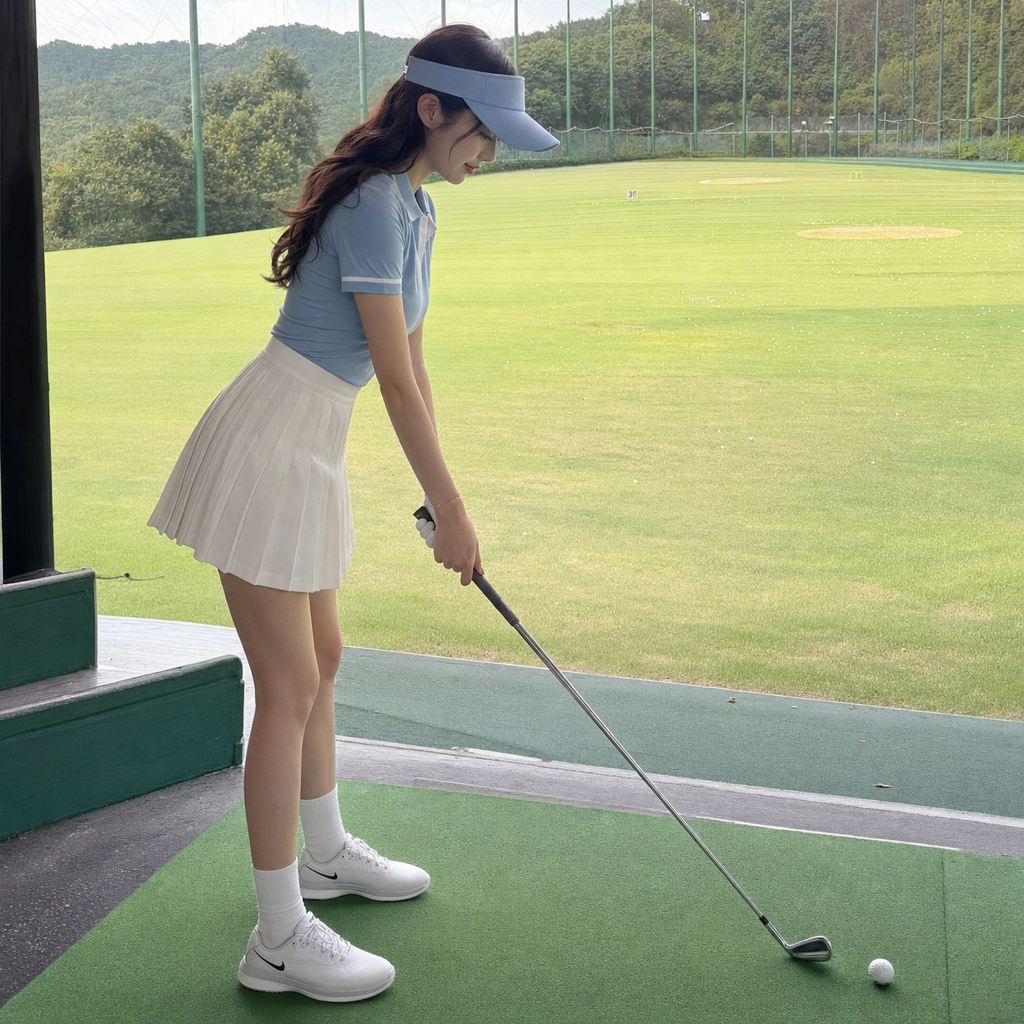 アドレスで手首をリラックスさせて構える女性ゴルファーの側面(コック前)