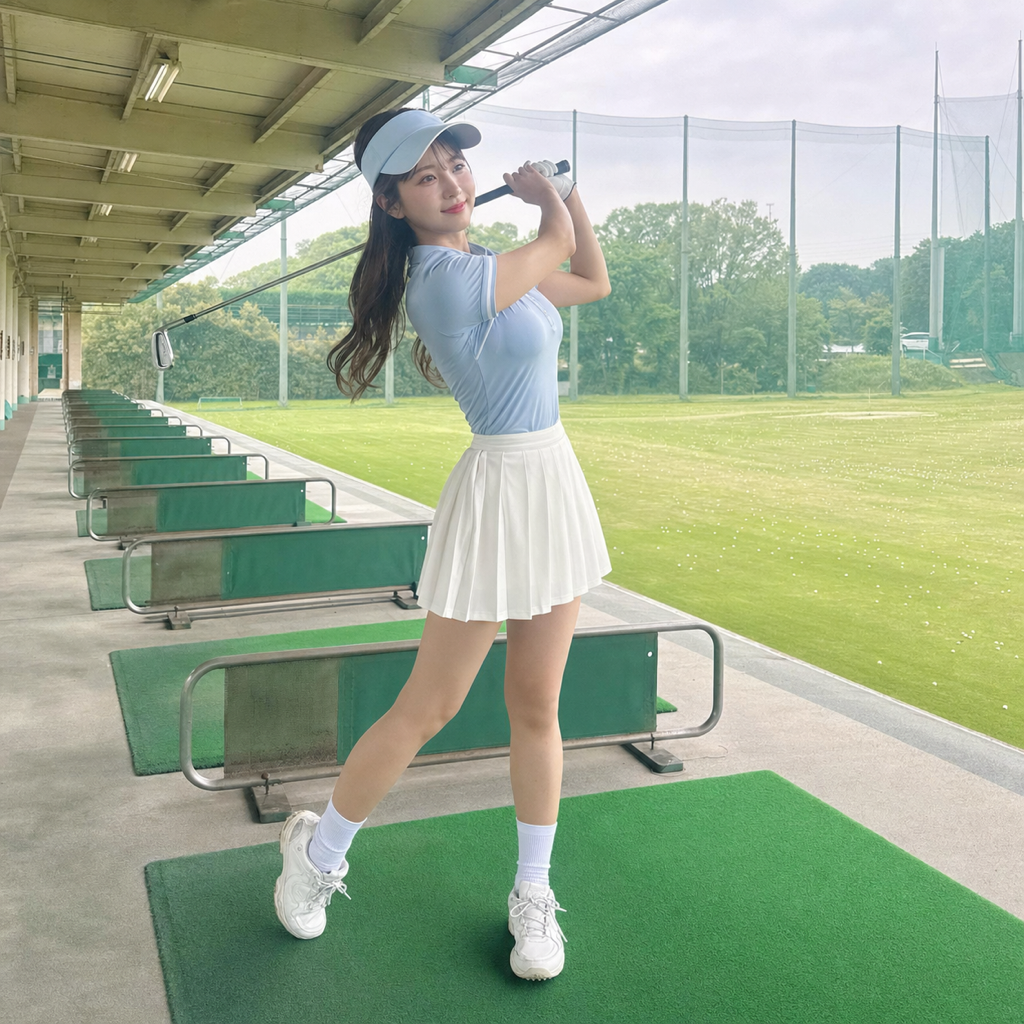 リリース後にバランス良くフィニッシュする女性ゴルファー(フォロースルー)