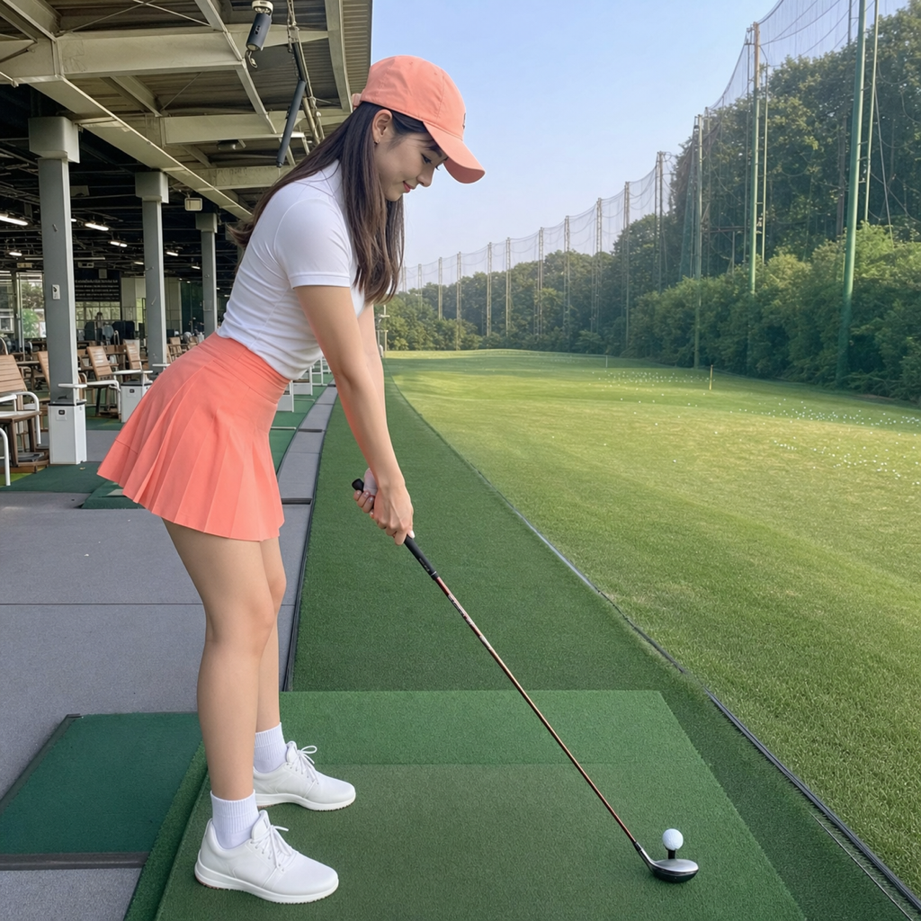 アドレスで前腕をニュートラルに構える若い女性ゴルファー、屋外ドライビングレンジ