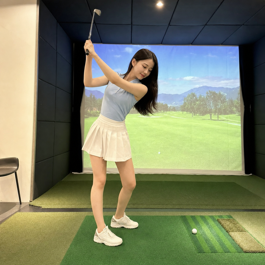 室内ドリルの感覚を活かし前傾を保ったままハーフショットを打つ女性ゴルファー