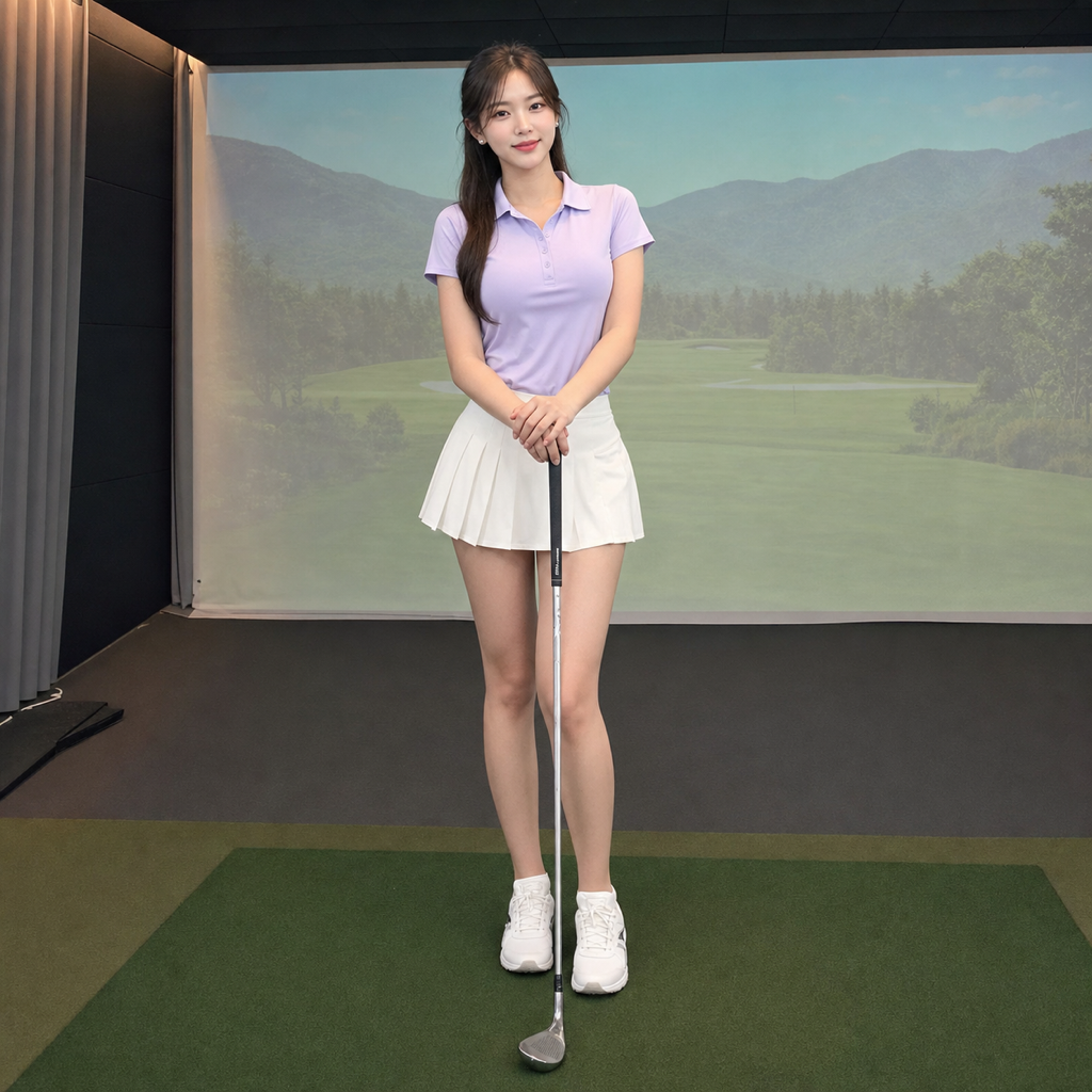 屋内のゴルフ練習場でゴルフクラブを体の横に縦に持って立つ女性ゴルファー