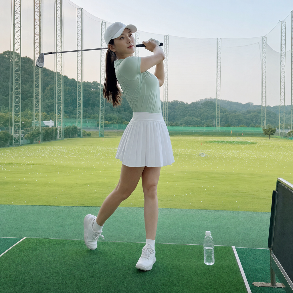 左足に乗ってフィニッシュした女性ゴルファーとボトル