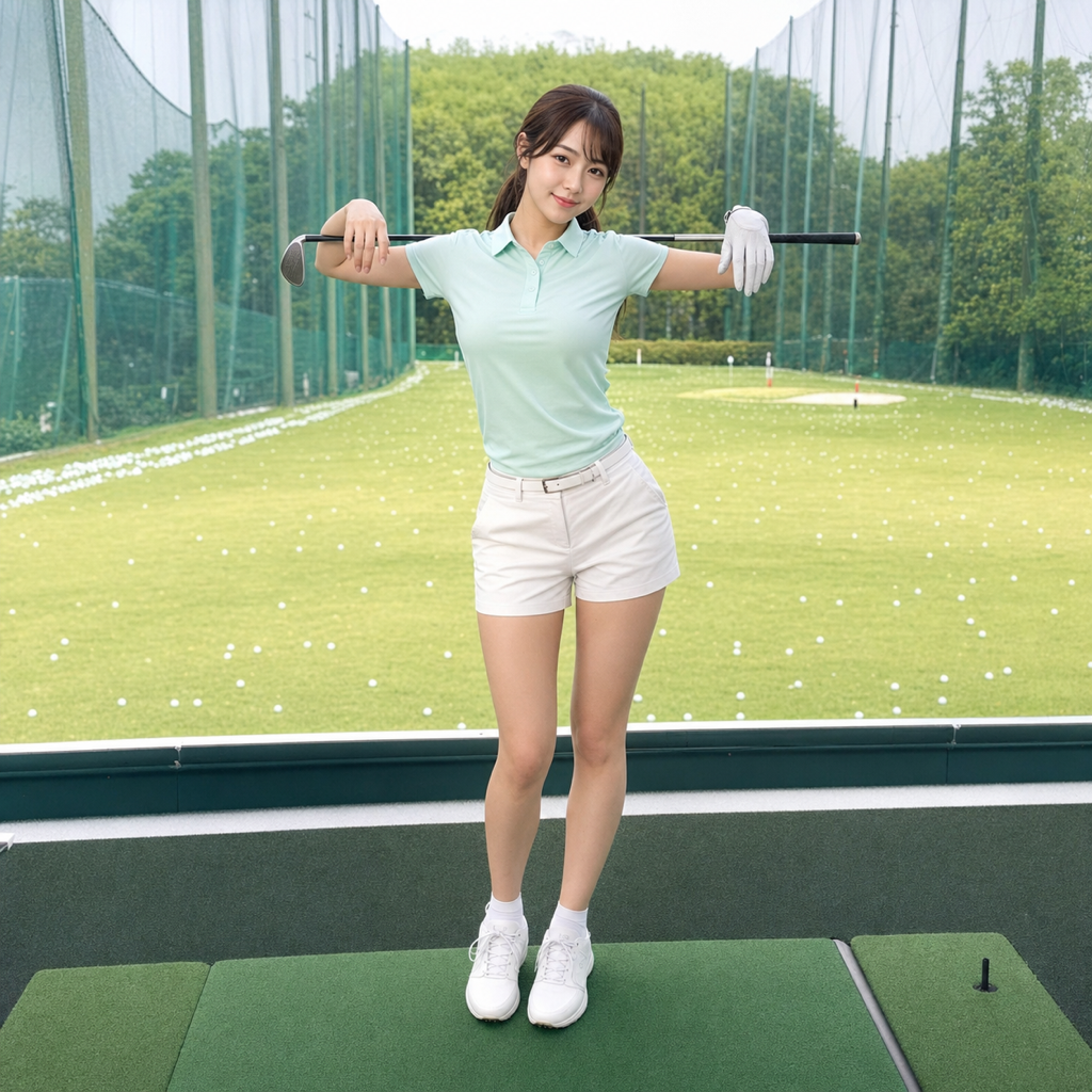 屋外のゴルフ練習場でゴルフクラブを首の後ろに担いで立つ女性ゴルファー