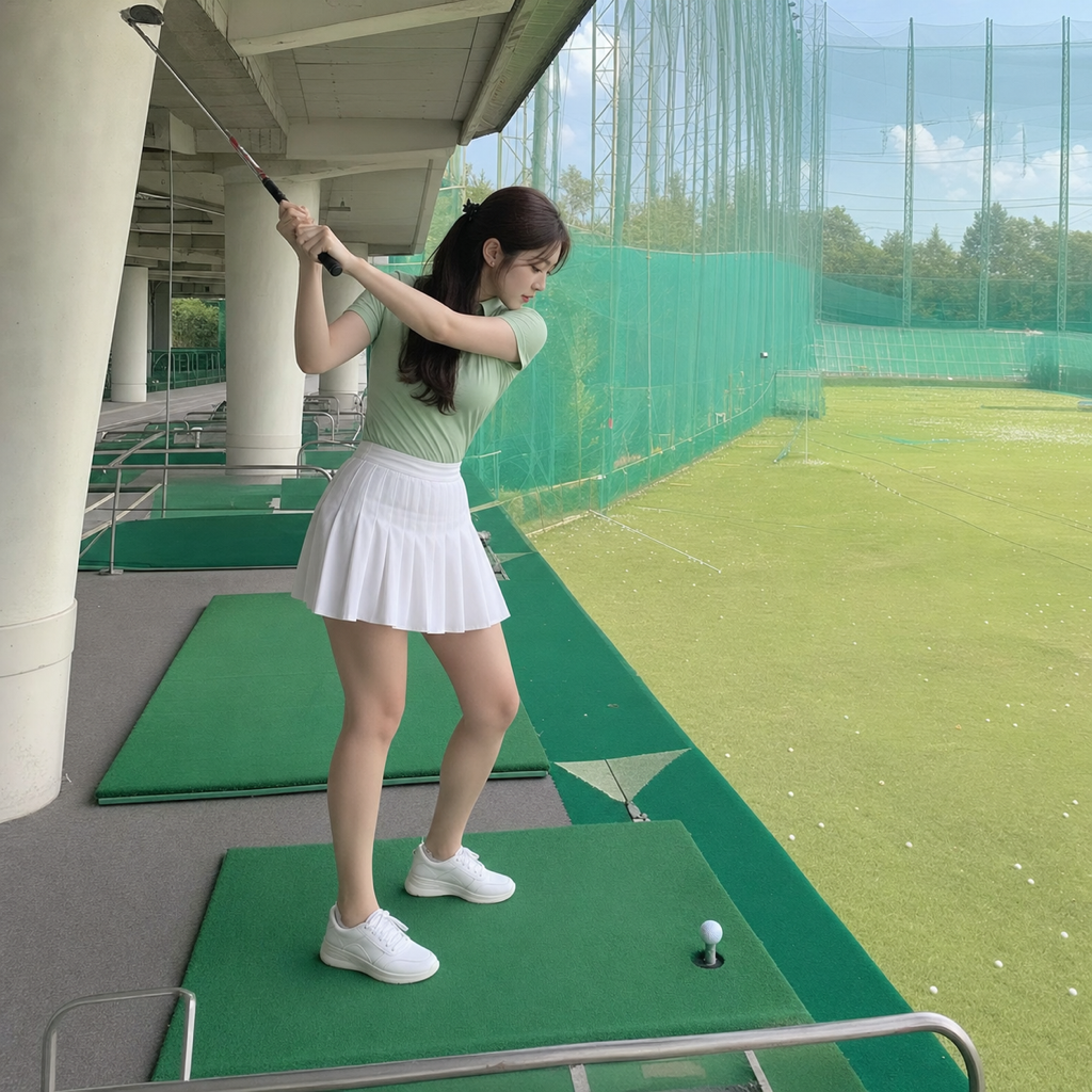 体幹軸の回転でリード腕を遠くに運び、スイングアークを広げるトップ付近の女性の全身横向き