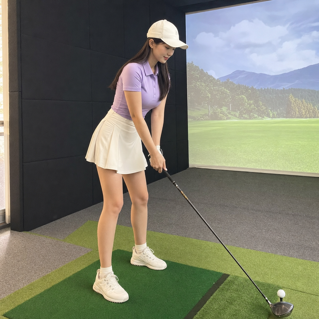アドレスで肩のラインを整える若い女性ゴルファー、屋内ゴルフシミュレーター