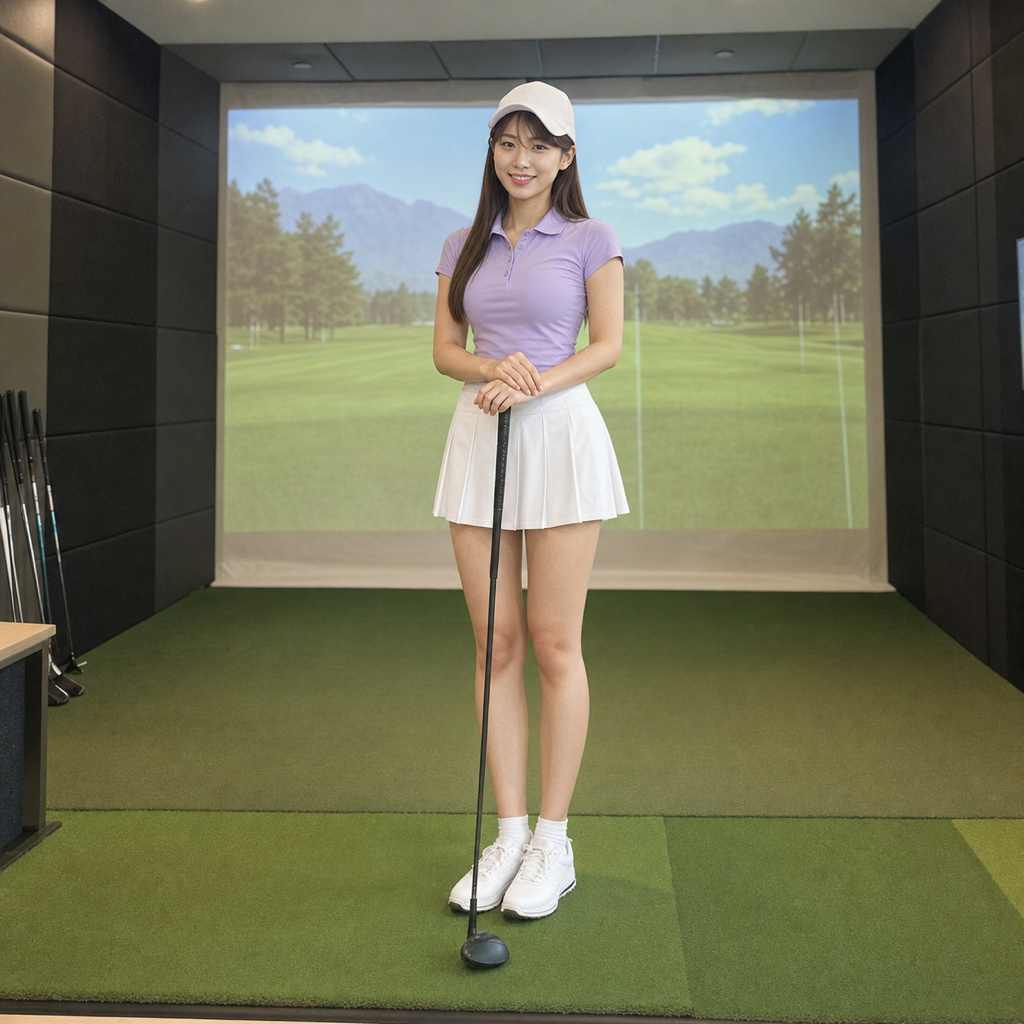 インパクトで胸がボールを覆う若い女性ゴルファー、屋内ゴルフシミュレーター