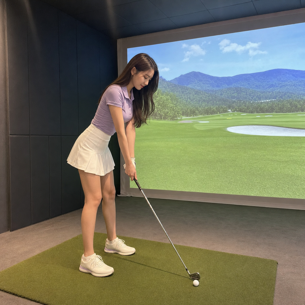 コントロールされたフィニッシュへ回転する若い女性ゴルファー、屋内ゴルフシミュレーター
