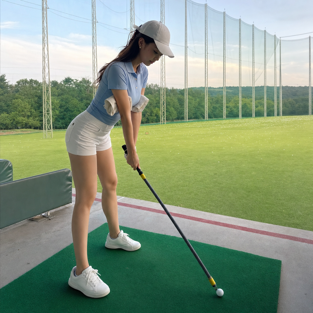 柔らかいホースを振ることで手打ちの癖が浮き彫りになる様子を示す初心者ゴルファー
