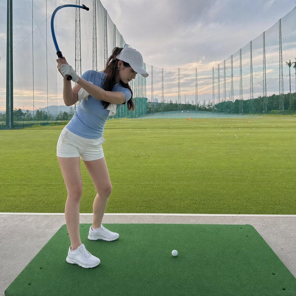 体を主導にして柔らかいホースをゆっくり連続で振り、回転の感覚をつかむ初心者ゴルファー