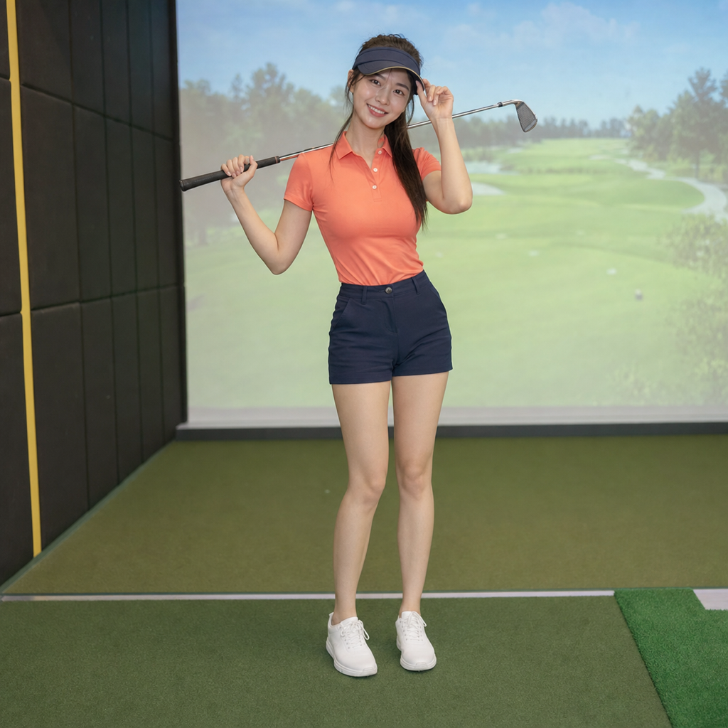 屋内のゴルフ練習場でゴルフクラブを肩に掛けて立つ女性ゴルファー