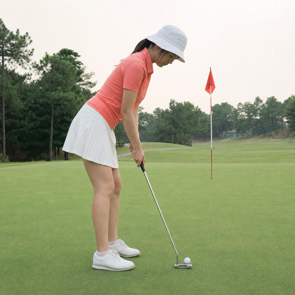 スムーズなパッティングストロークをする女性ゴルファー