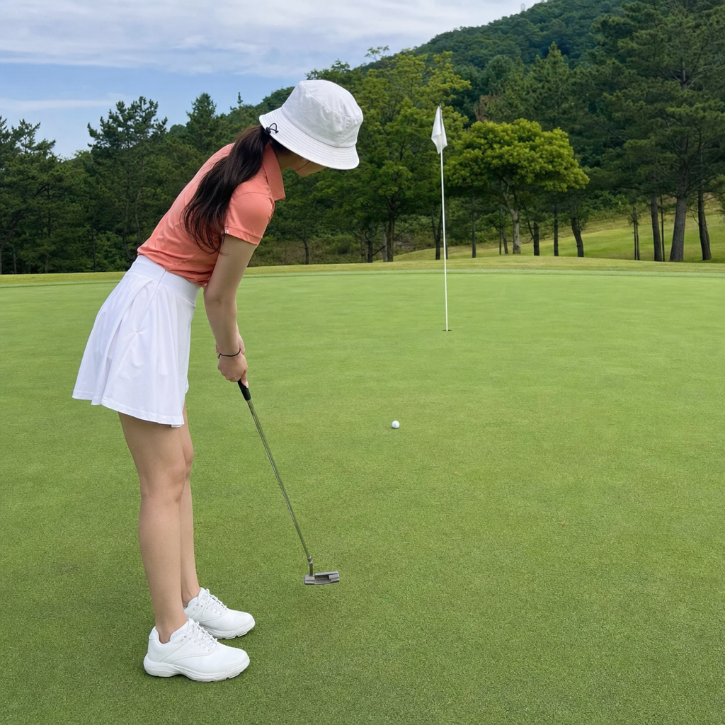 フォロースルーで頭を残す女性ゴルファー（パッティング）