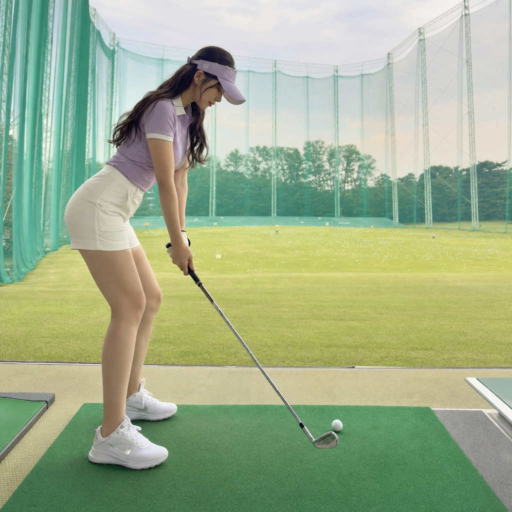 ドリル1ステップ目:ゆっくり低く長くテークバックする女性ゴルファーの側面