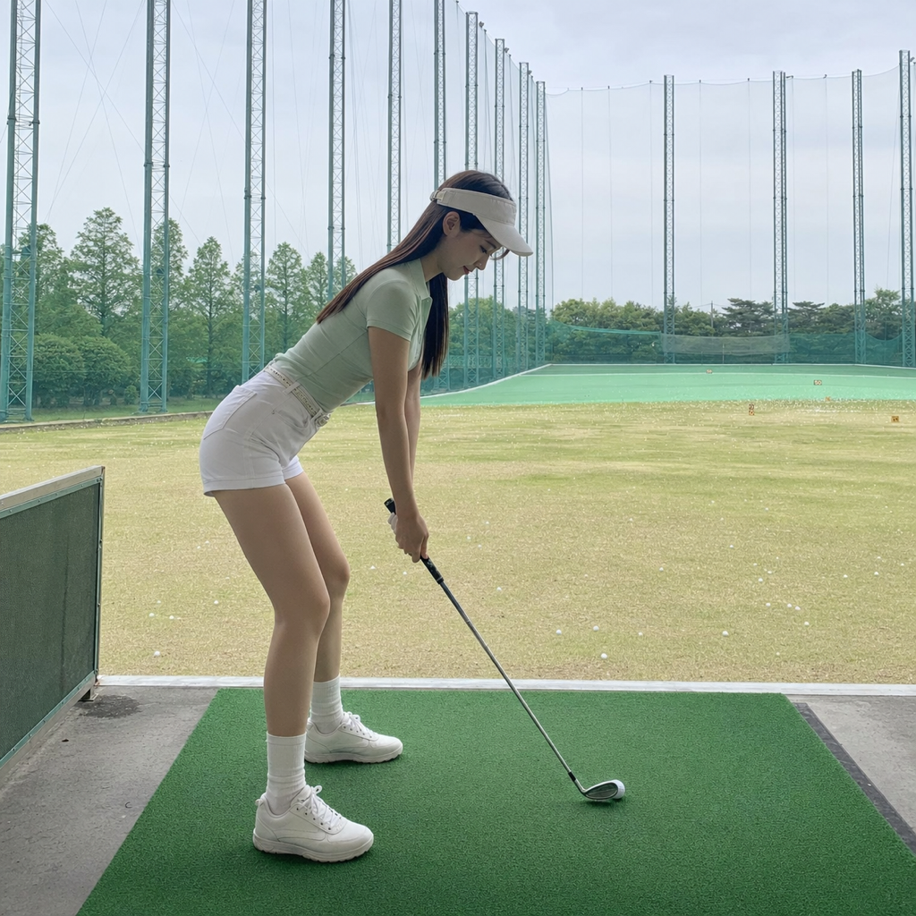 アスレチックな姿勢でアドレスする若い女性ゴルファー、屋外ドライビングレンジ