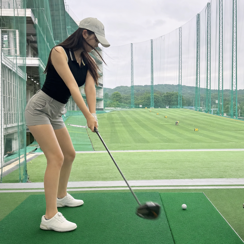 タメを保ち引く力でクラブを下ろす韓国人女性ゴルファーの側面