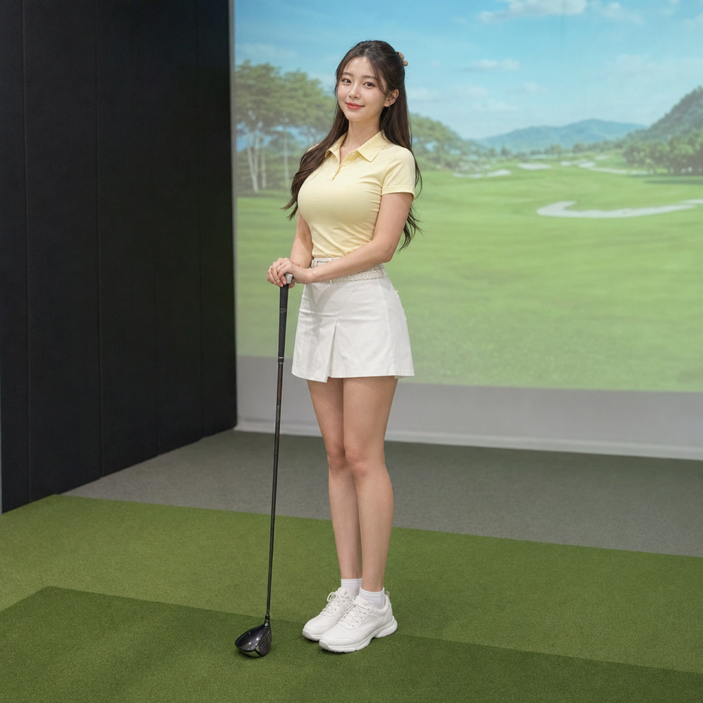 屋内のゴルフ練習場でゴルフクラブを体の前で両手に持って立つ女性ゴルファー