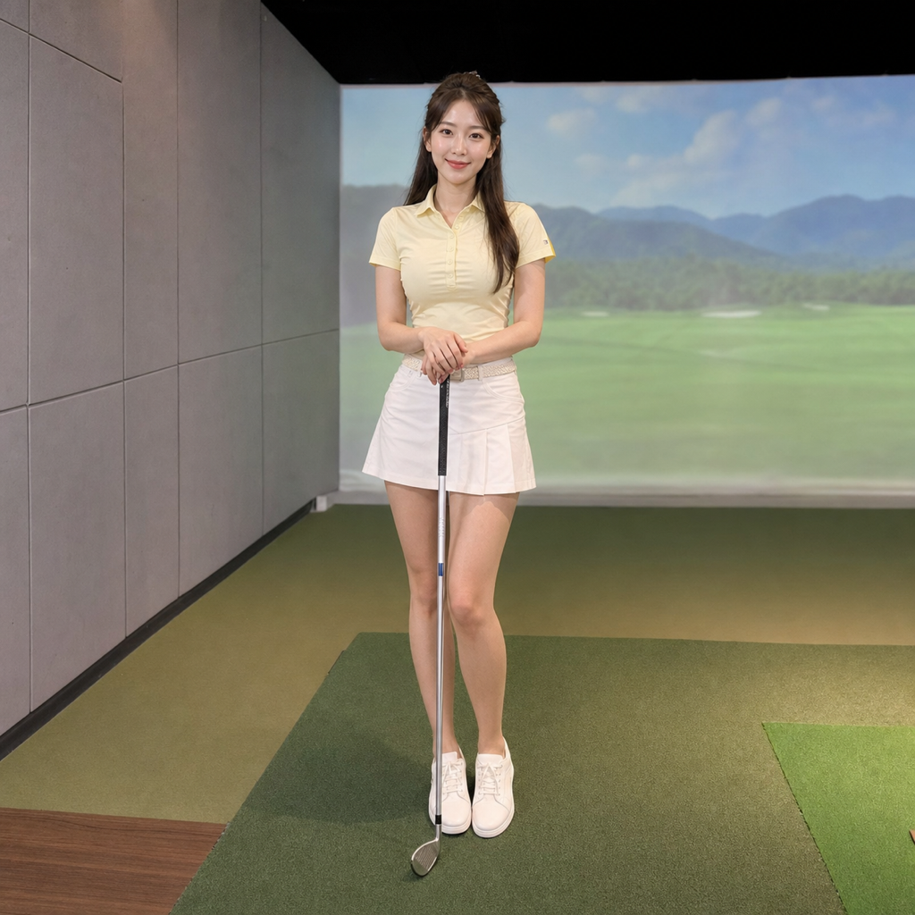 屋内のゴルフ練習場でゴルフクラブを体の横に縦に持って立つ女性ゴルファー