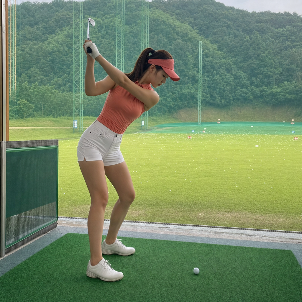 右足かかとに体重を乗せてトップを取る女性ゴルファー