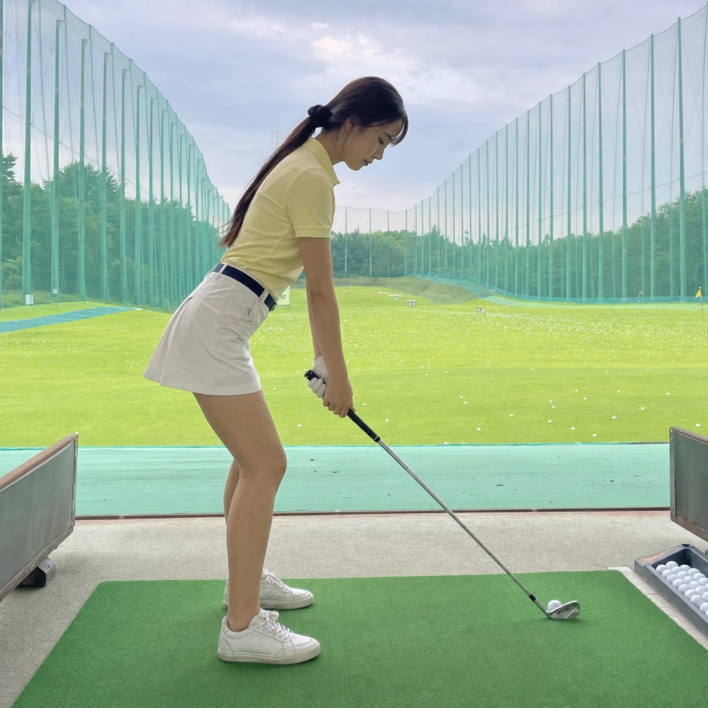 右膝を安定させてアドレスする女性ゴルファー
