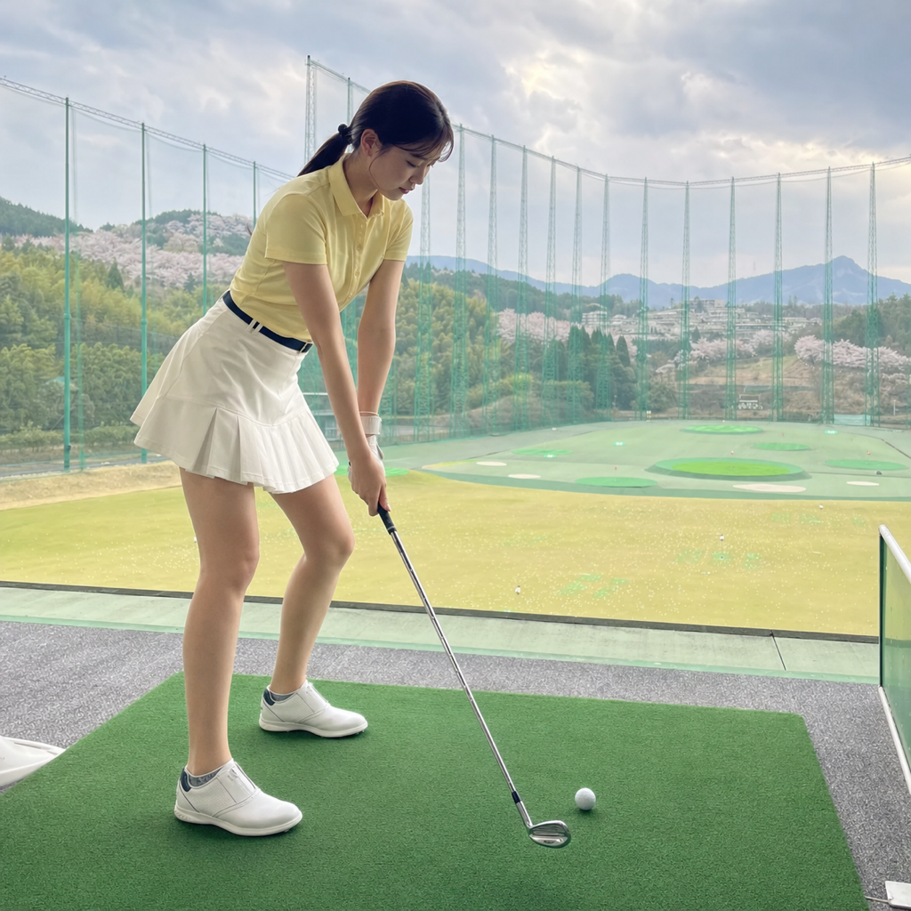 右膝を蹴り込んでパワーを解放する女性ゴルファー