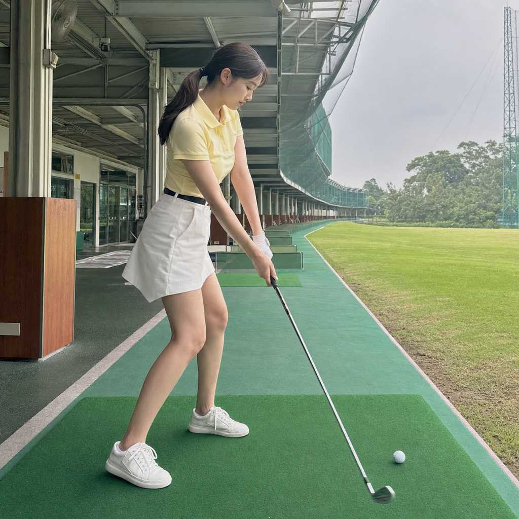右膝を回し切ってインパクトする女性ゴルファー