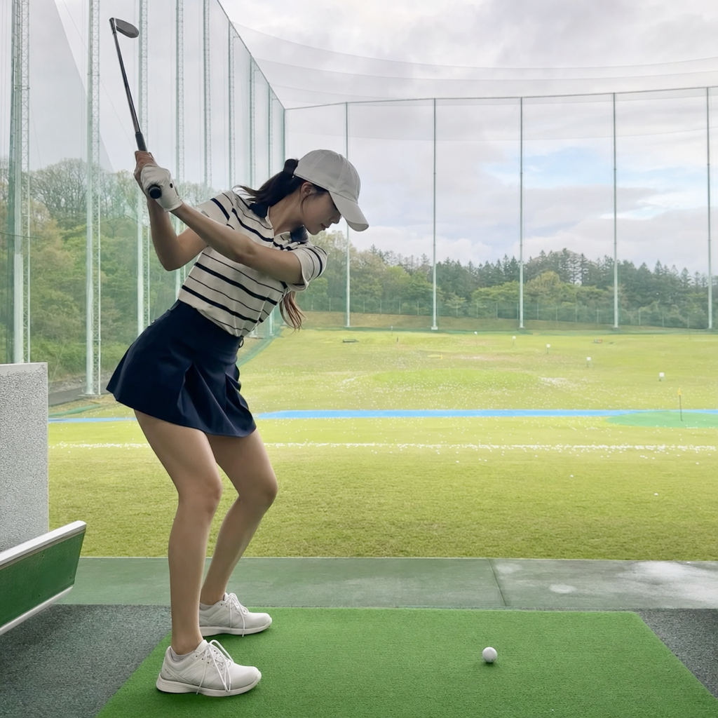 右ひざの角度をキープしてバックスイングする様子