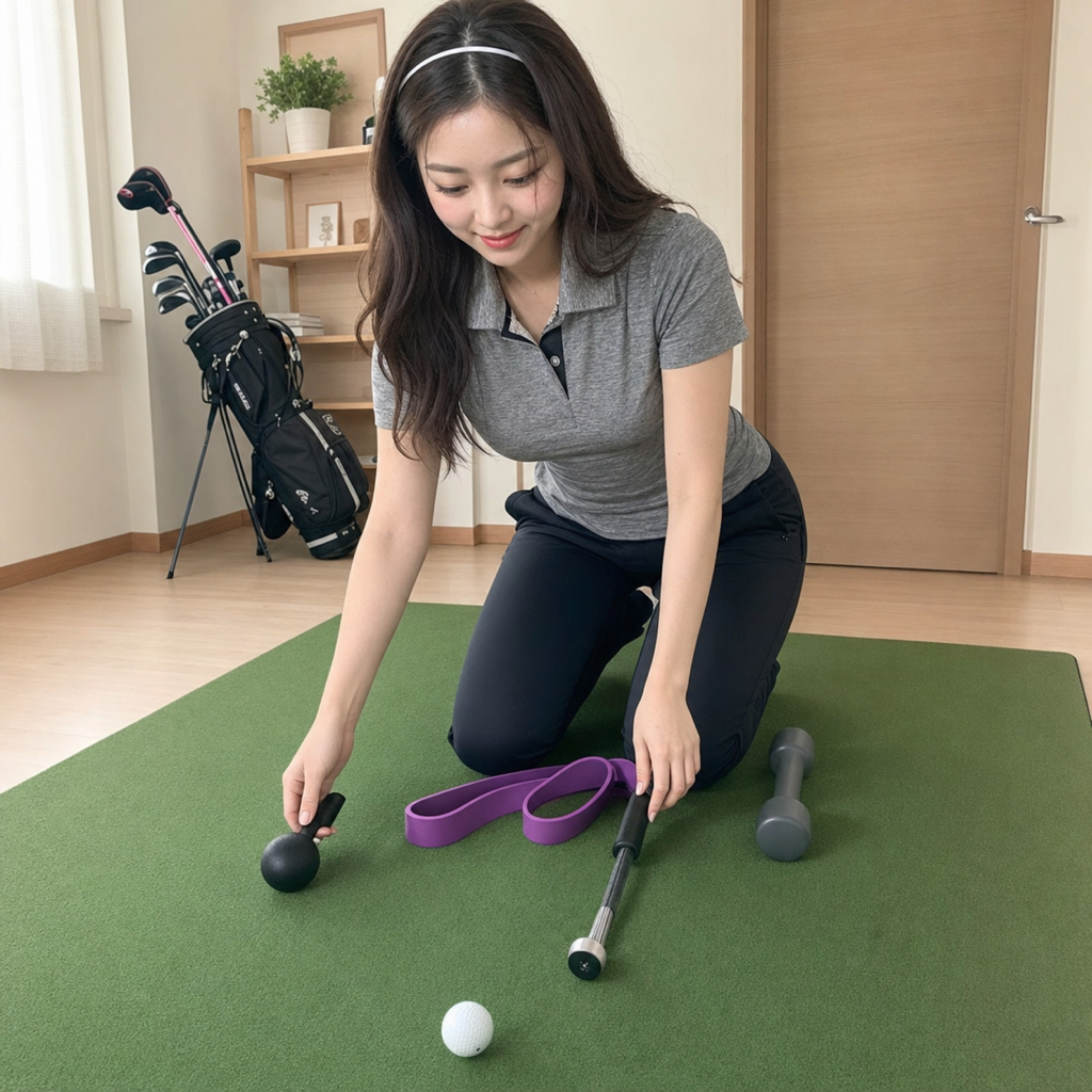 自宅トレーニング用のギアを並べる女性ゴルファー（スイングトレーナー・バンド・ダンベル）